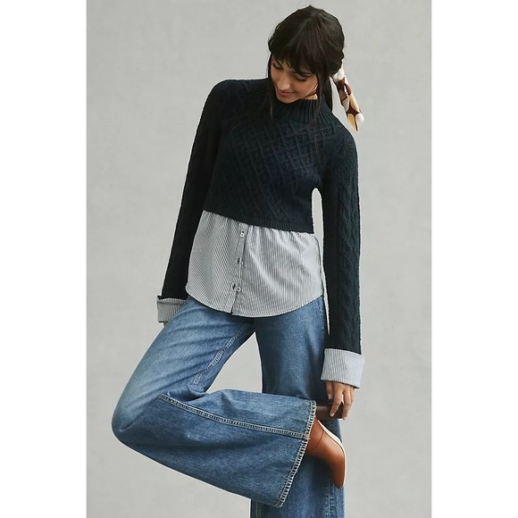 Maeve Sweaters - Maeve by Anthropologie Navy Cable-Knit Layered Sweater with Striped Shirt Hem